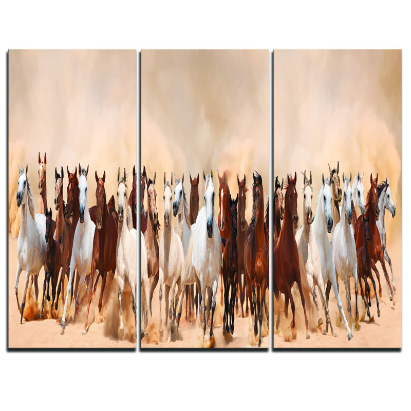 Ensemble de 3 impressions sur toile tendue, "chevaux de troupeau dans un orage de sable"