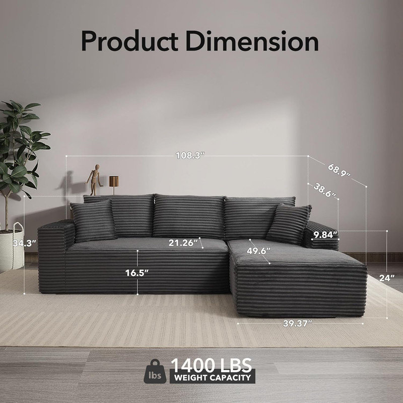Canapé modulaire 108 po avec méridienne en forme de L avec méridienne, sans assemblage, Orienté à droite, Velours côtelé gris