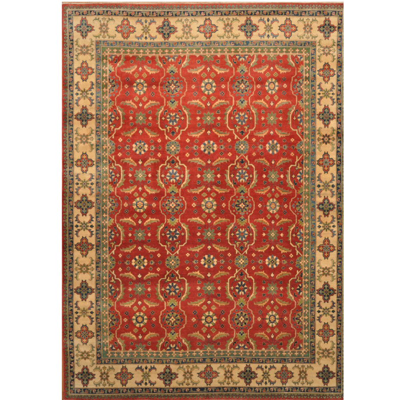 Tapis unique en laine noué à la main style Kazak rouge / beige / vert 8 pi 6 po x 11 pi 9 po Jevon
