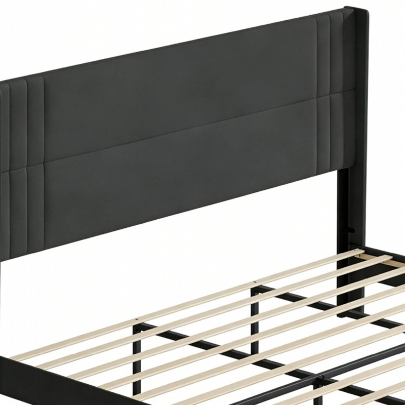 Bettyjean Wingback Platform Bed: Wood & Metal Frame + Underbed Storage, Dark Grey, Queen