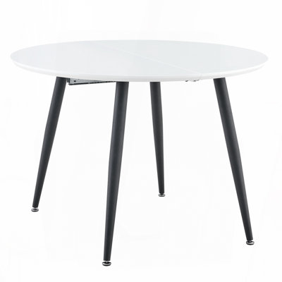 Extendable Round Dining Table with White MDF Top and Black Metal Legs