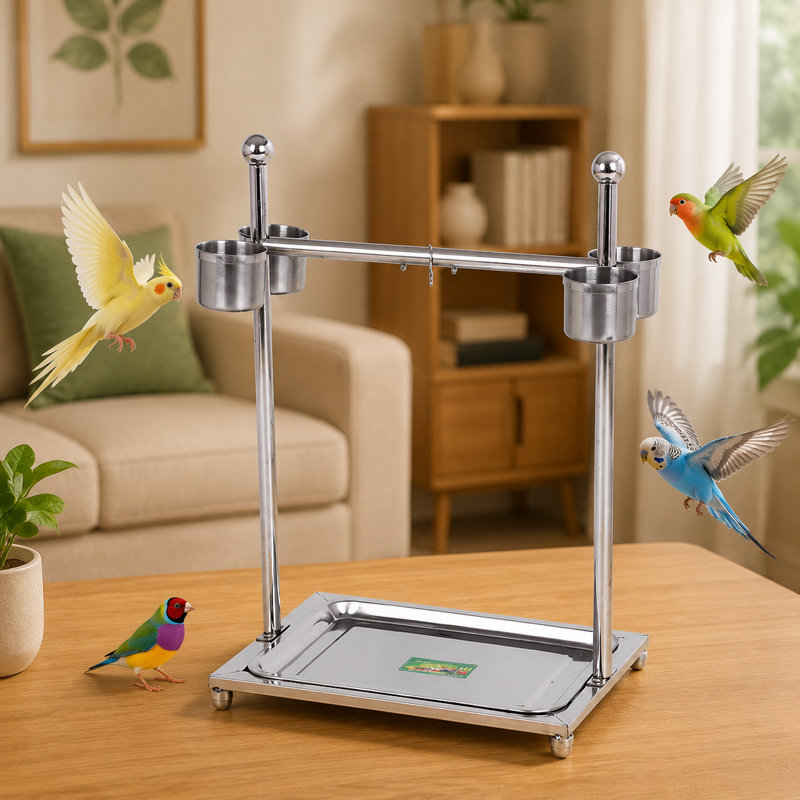 Support pour perroquet autoportant en acier inoxydable, perchoir de formation pour oiseaux avec 4 tasses d'alimentation et plateau à déchets, station d'oiseaux interactive pour perroquets moyens et grands