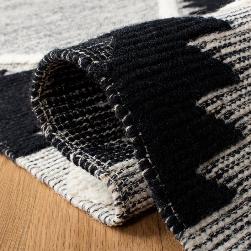 Vermont Hand Loomed Wool/Cotton Southwestern Rug in Gray/Black/Ivory, Square 6'