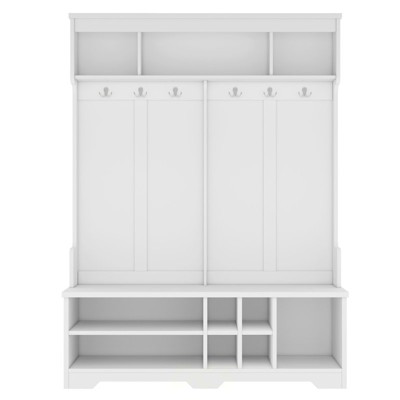 Modern Hallway Hall Tree With Metal Hooks And Storage Space, Multi-Functional Entryway Coat Rack With Shoe Cubbies, White, Shoe Storage