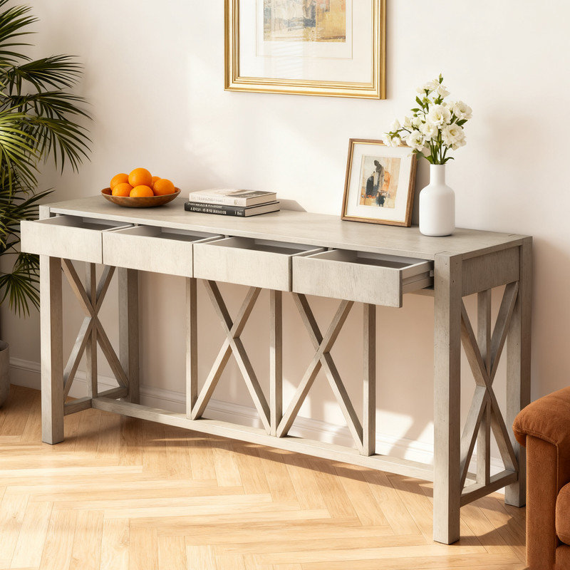 Console 60 po avec 4 tiroirs et base en X, entrée en placage de bois d'acacia avec tablette ouverte pour le salon, le couloir