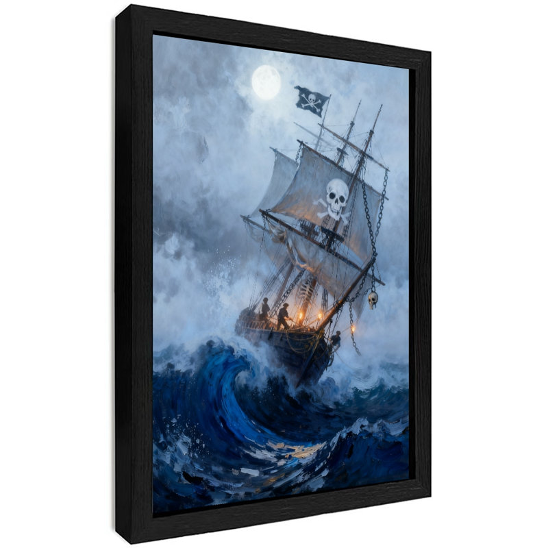 Art mural de pirate rétro noir encadré dans les vagues, impressions de style rétro, H 37 po x l 25 po