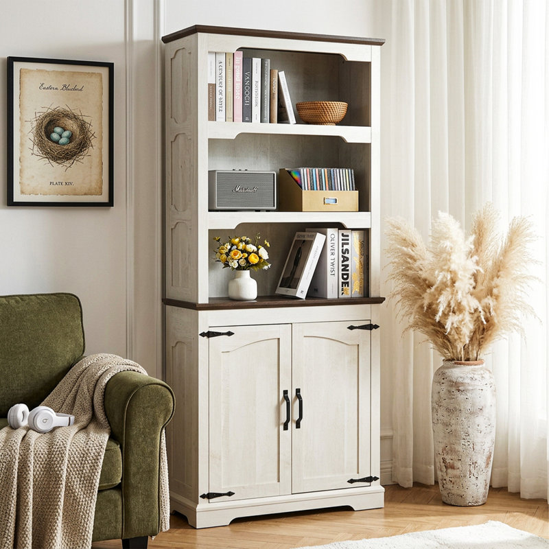 Bibliothèque standard à 5 tablettes, rangement et présentoir, Porte de bois, Blanc