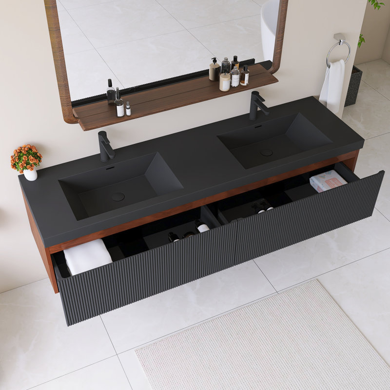 Meuble-lavabo simple mural 72 po avec lavabo en quartz noir, 71"