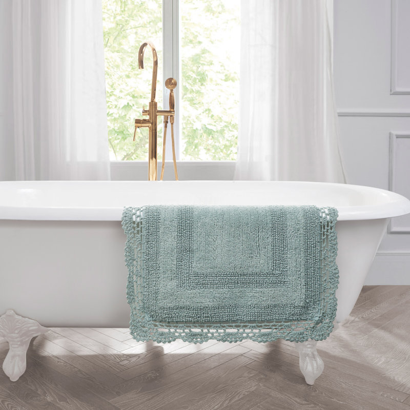 Laura Ashley Crochet Machine Washable Cotton 2 Pieces Bath Rugs, Aqua