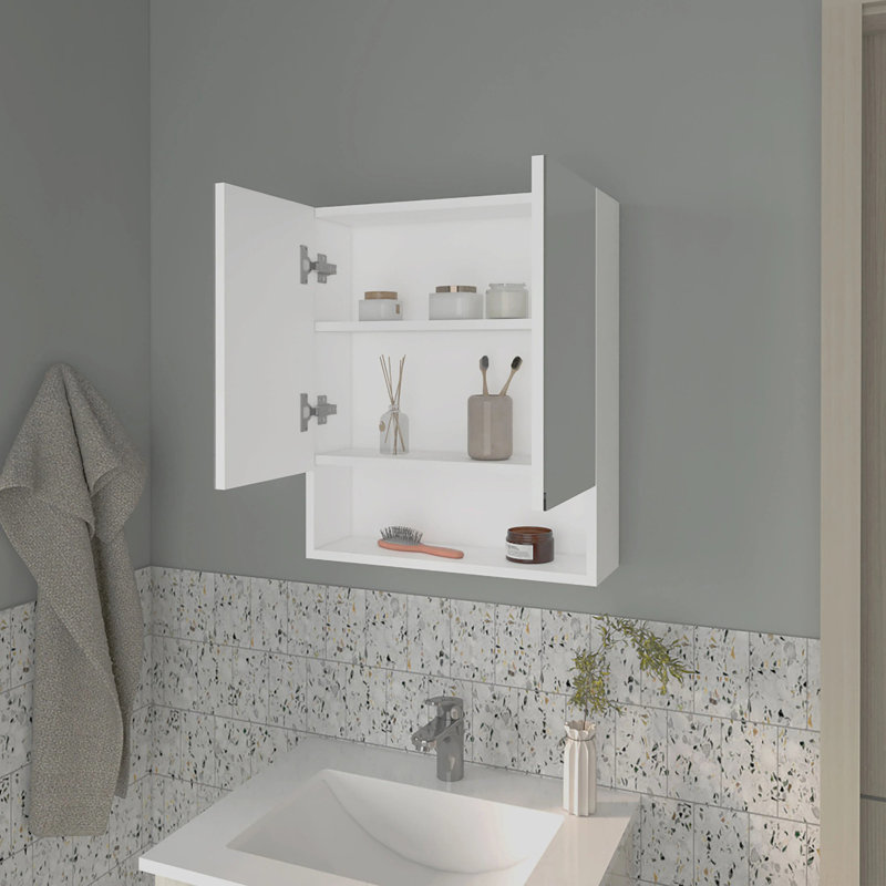 Armoire à pharmacie blanche avec portes en miroir et rangement ouvert