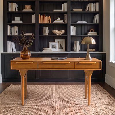 Farrington Mid-Century Modern 60"W Solid Wood Writing Desk with Charging Station and 3 Storage Drawers