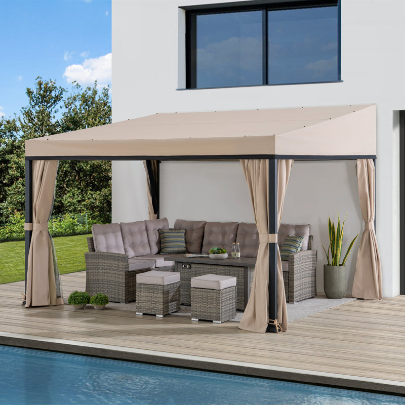 Sunjoy 10 x 12 ft Wall Mounted Gazebo with Curtains and Netting and Weather Resistant Fabric Roof for Patio, Outdoor for garden, Lawn, Khaki