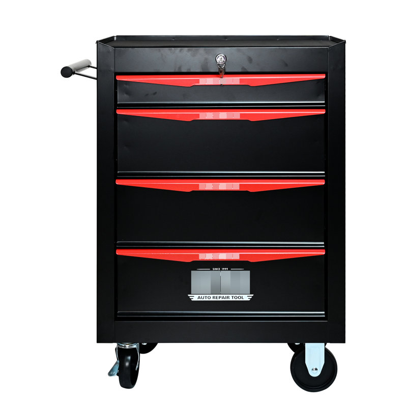 Coffre à outils de 20 po avec 4 tiroirs - Armoire métallique roulante, noir et rouge, acier, boîte en acier universelle, roues, espace pour outils supplémentaires