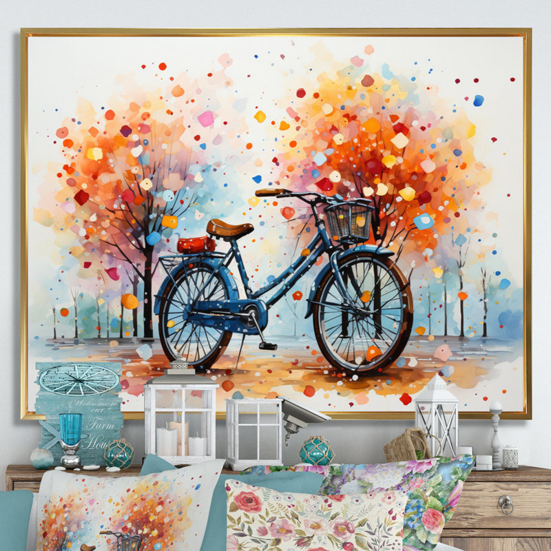 Bicycle Harmonious Pedals Pointillism IV - Transportation Wall Art Prints, H 16 po x l 32 po x P 1 po, Cadre flottant doré