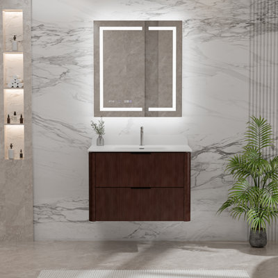 Meuble-lavabo mural moderne cannelé 24 po (chêne / noyer) - Lavabo intégré en acrylique avec tiroirs à fermeture douce, coins arrondis