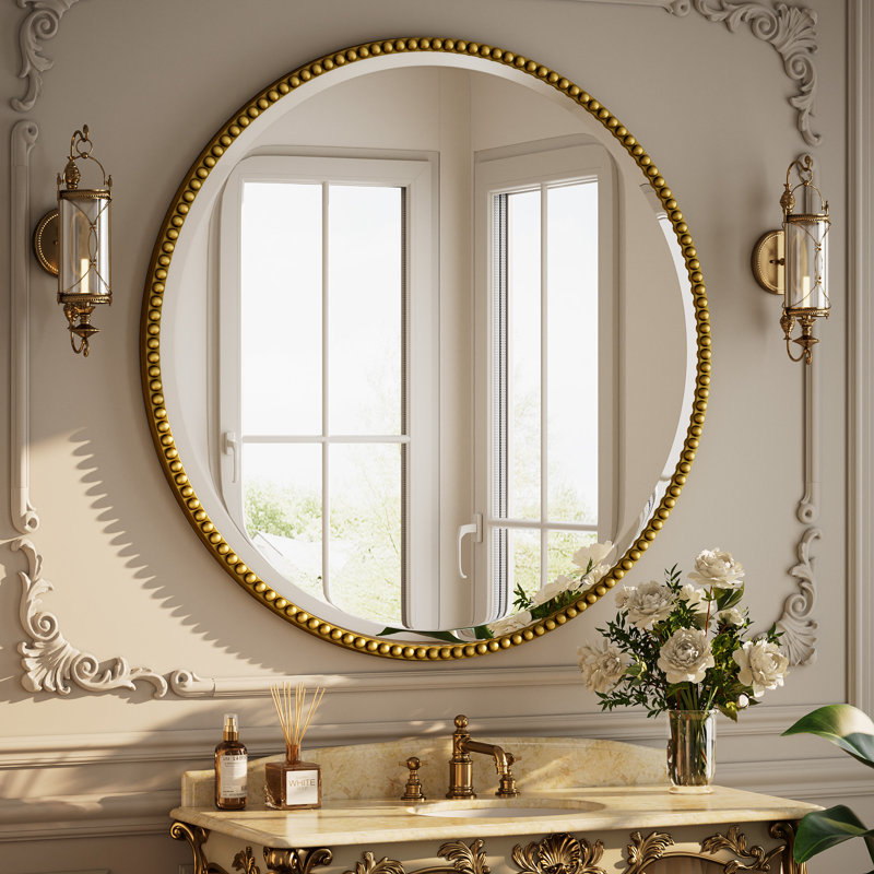 Miroir de salle de bain décoratif perlé avec cadre en résine, Doré, H 36 po x l 36 po