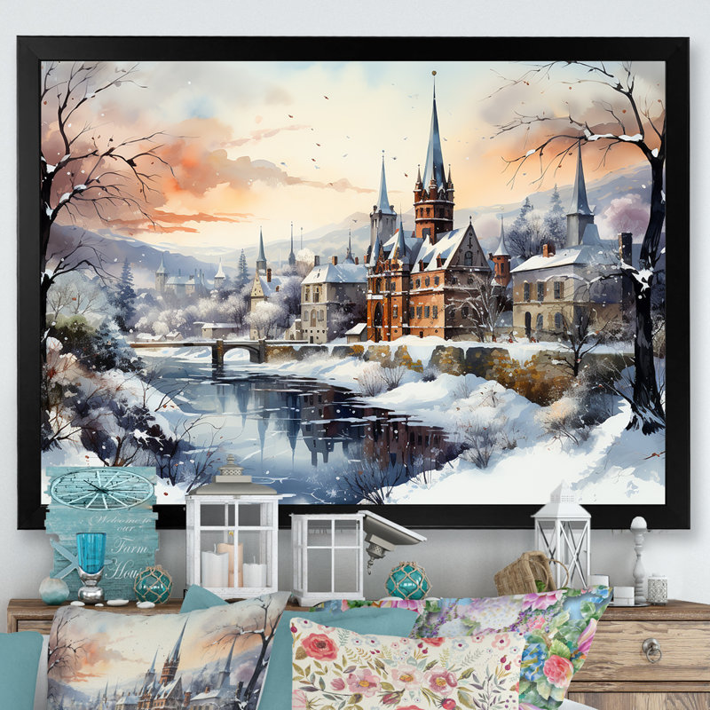 «Wonderful Castle Winter At Christmas - Winter Landscape», art mural, Cadre d'angle fermé noir, H 12 po x l 20 po x P 1 po