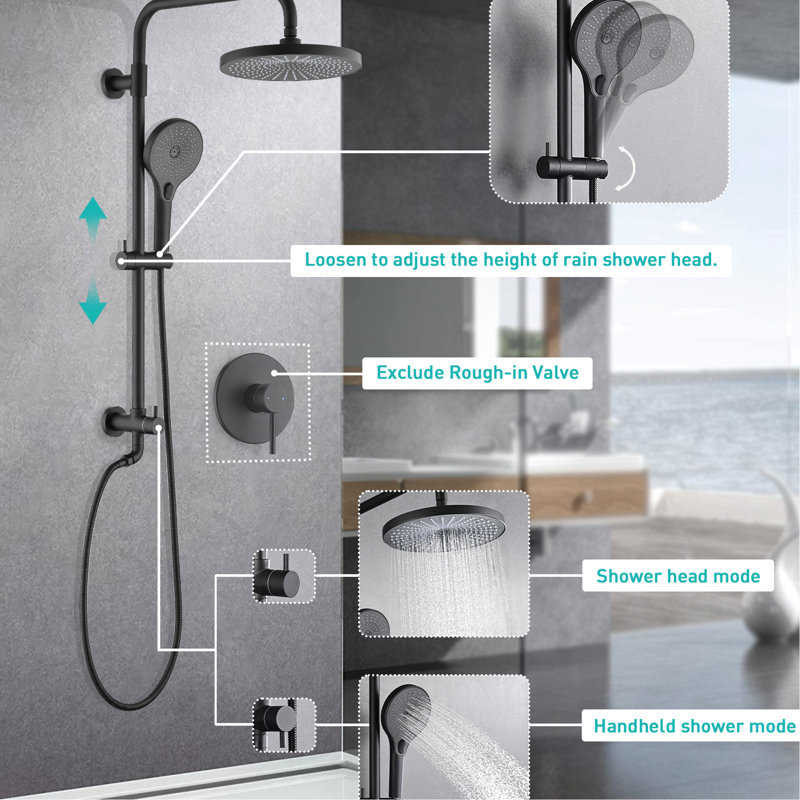 Matte Black Shower With Handheld - 8" Rainfall Head & 3-Setting , Adjustable Slide Bar, Corrosion Resistance, Swivel Spout, Spray Pattern, Wall Mounted Dual Handheld, And Discoloration 360 Rotatable,