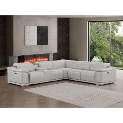 6-Piece L-Shaped Power Reclining Sectional In Genuine Leather – 3 Recliners