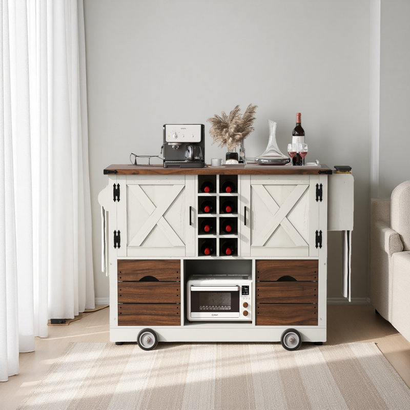 54" Farmhouse Kitchen Island With Drop Leaf, Power Outlet, Kitchen Storage Cart With 2 Doors, 2 Drawers, Rolling Kitchen Island On 4 Large Wheels With Spice Rack For Kitchen, Dining Room