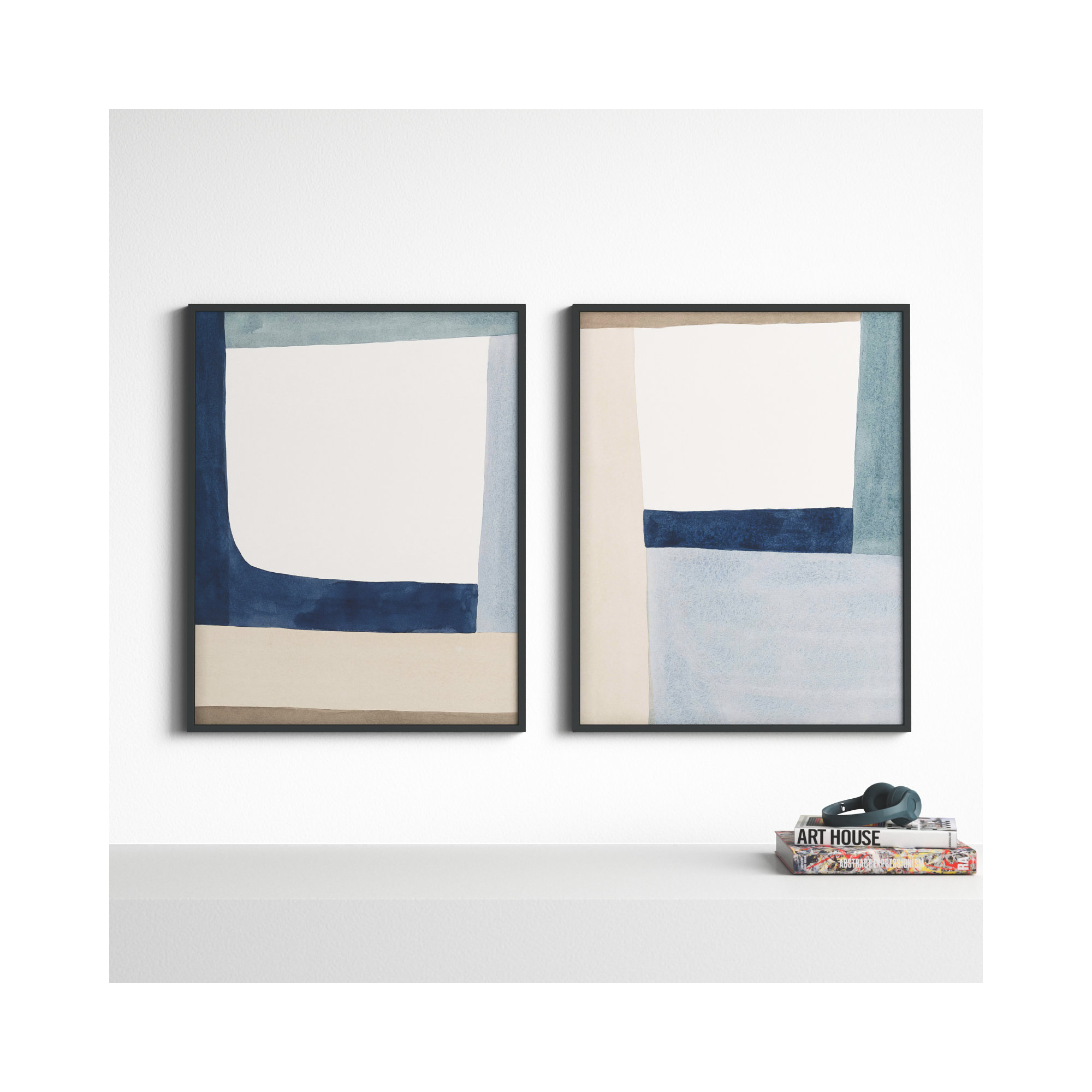 Composition In Blue by Julia Balfour, White, 20" H x 32" W, Picture Framed Paper