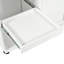 Îlot de cuisine blanc Eliza avec comptoir pliable et espace pour tablettes, porte-serviettes, tiroir, tablette coulissante, support à roulettes amovible