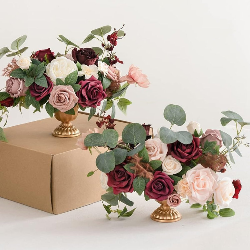 2 pièces fleurs de centre de table de mariage rose, décor de mariage de fleurs artificielles pour la réception de table, bureau de table, manteau de cheminée, allée, fausses fleurs, décorations de mariage pour la Saint-Valentin (sans vase)