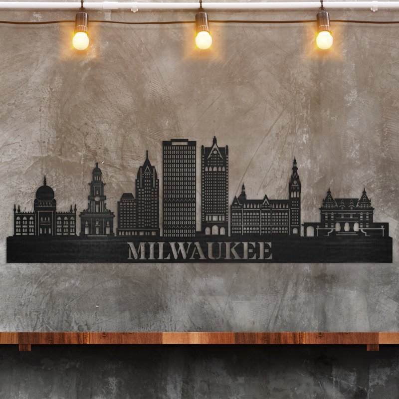 Décoration murale Milwaukee City Skyline, H 14 po x l 46 po x P 0,25 po, Naturel