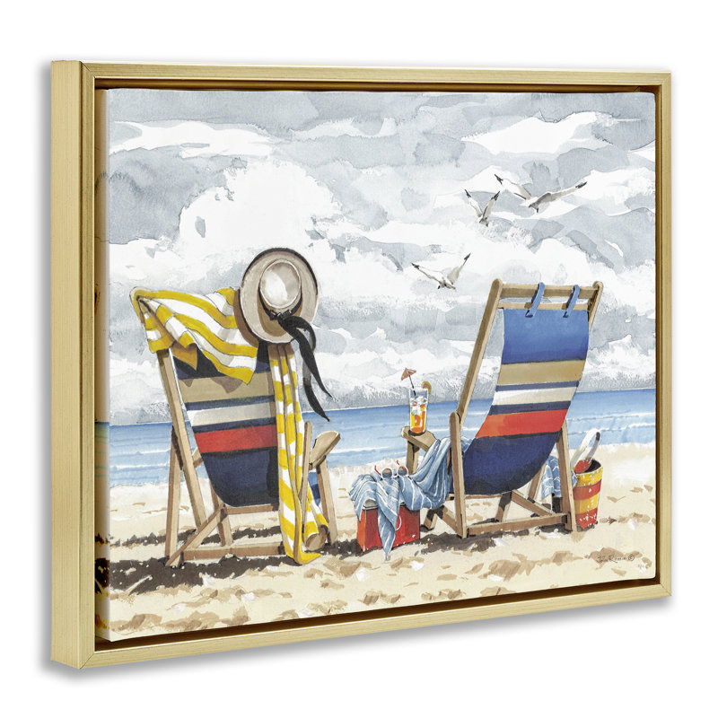 «Peaceful Beach Chairs Hangout Floater» par John Rossini, Cadre flottant métallique doré, H 25 po x l 31 po