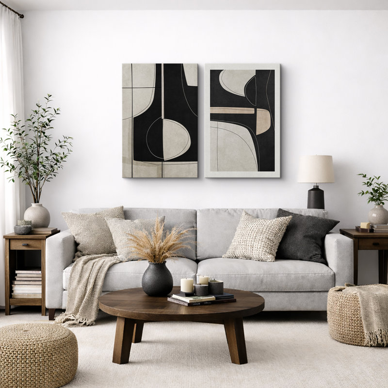 Mid Century Shape "Black Green Abstract Shape Artwork, Classy Minimal Contemporary Neutral Wall Pictures, Framed Canvas Giclée Print 2 Pieces Wall Art" 16x24x2 pcs, 24x36x2 pcs