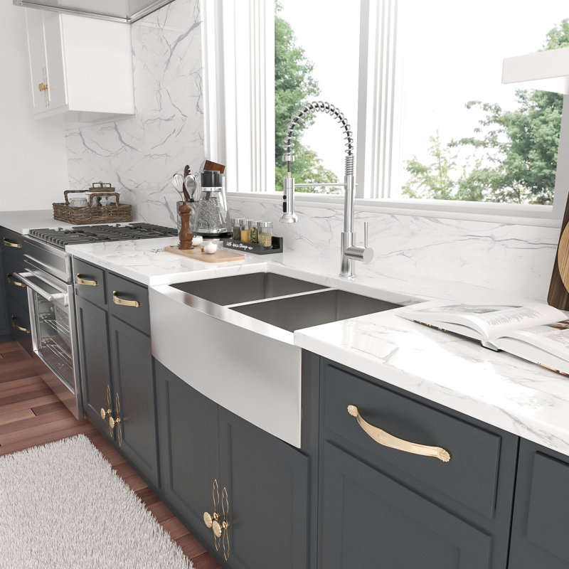 33" L x 21" W 50/50 Double Bowl Farmhouse / Apron Kitchen Sink Stainless Steel Sink with Sink Grid and Basket Strainer