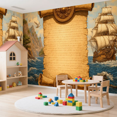 Peel and Stick Wallpaper 144" W x 100" H Modern Self Adhesive Wall Mural for Bedroom - With Vintage Sailing Ship Ocean Scroll Seagulls Print