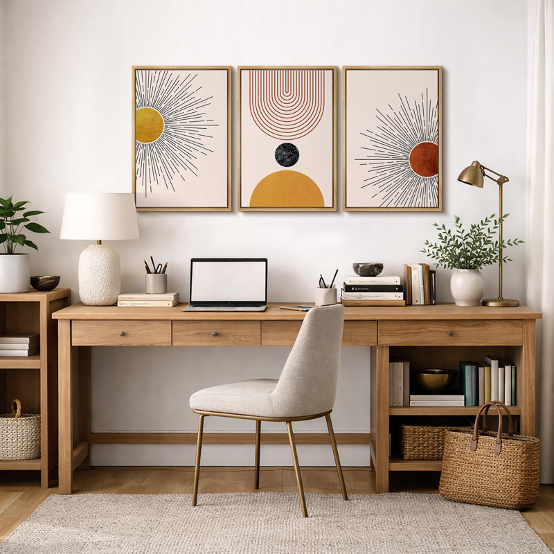 «Mid Modern Modern Boho», œuvre d'art rétro nordique, rouge et jaune éclatant, photos abstraites du salon au soleil, impression sur toile encadrée, 3 pièces