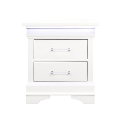 White Finish Bedside Table With Led - 2 Drawer Spacious Solid Wood + Nightstand Cabinet