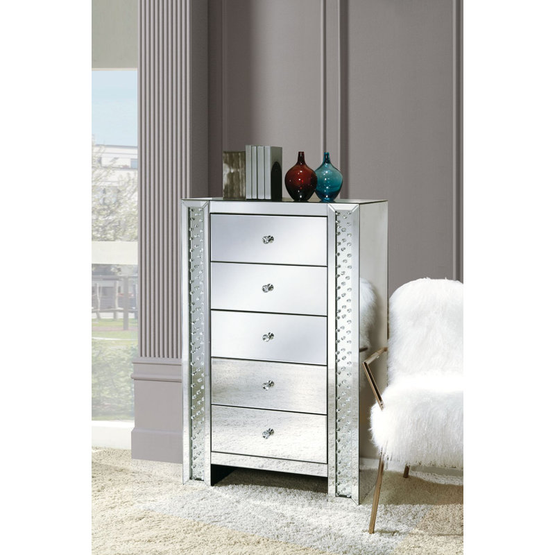 Commode 5 tiroirs Olyn, Miroir / faux cristaux