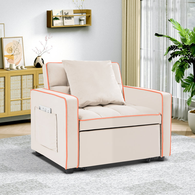 Fauteuil convertible en velours 35,4 po, Velours crème