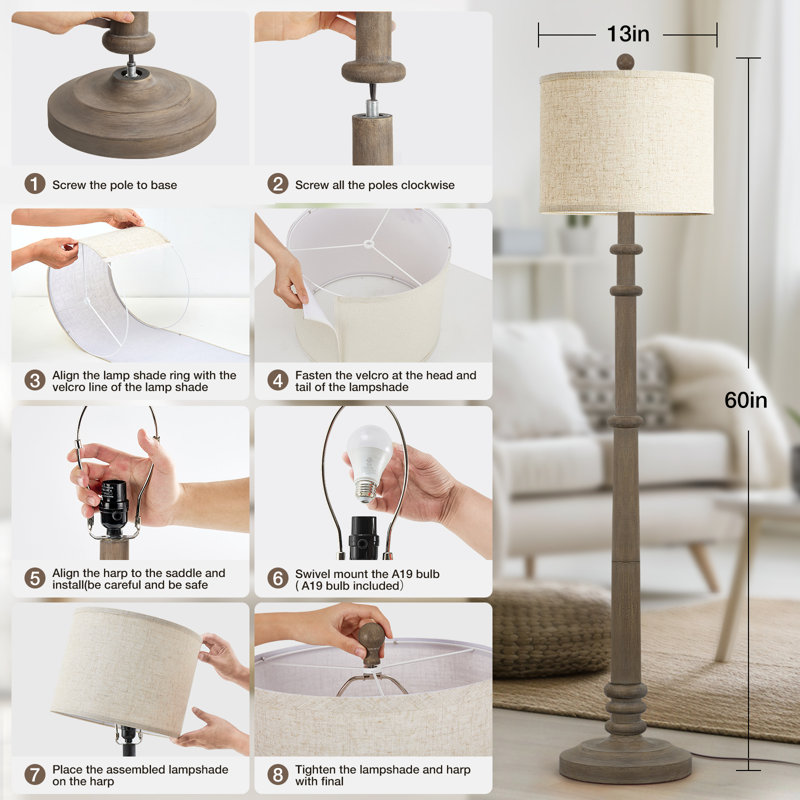 60" Vintage Farmhouse Floor Lamp Adjustable Color Temperature Standing Lamps With Linen Shade Rustic Retro Tall Light For Home Decor,Bedroom,Reading,Office