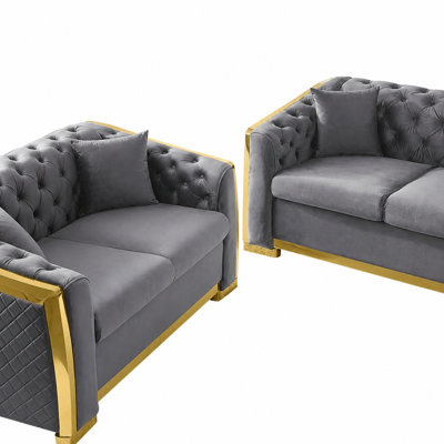 Ensemble de canapé 2 pièces en velours de style moderne du milieu du siècle avec causeuse 3 places et 4 coussins