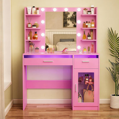 Melanni Makeup Vanity Desk With Lights, See-through Desktop, Power Outlet