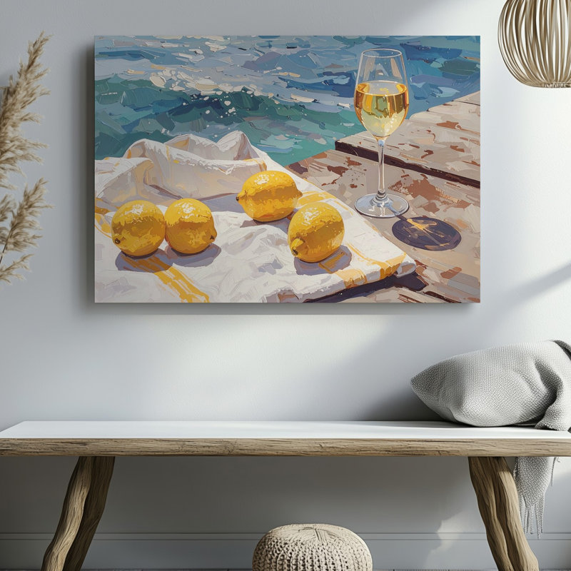 Toile murale bord de mer pique-nique impressionniste, scène côtière avec citrons et vin, H 20 po x l 30 po