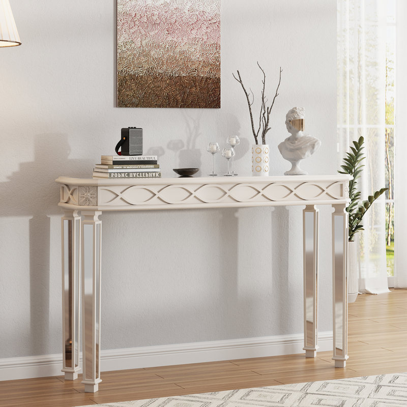 Console Mid-Century avec miroir en bois massif, Beige