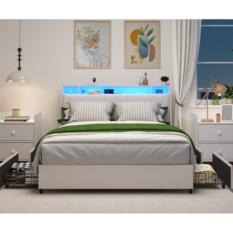 Structure de grand lit avec tête de lit ergonomique, structure de lit en métal avec tablette de rangement, Blanc