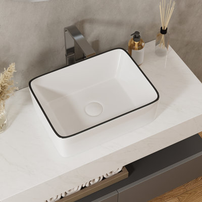 Vasque de salle de bain rectangulaire DeerValley Liberty 40,6 x 30,5 cm en porcelaine vitrifiée blanche à bordure noire — Bassine compacte pour salle d'eau