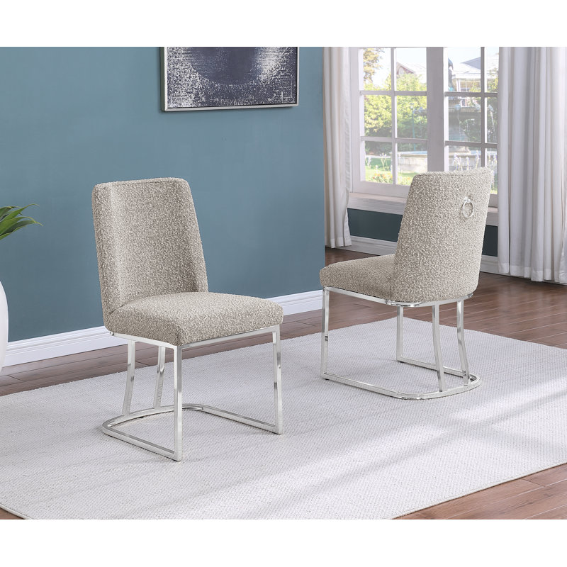 Minimal Side Chairs With Boucle Fabric Base, Gray, Silver