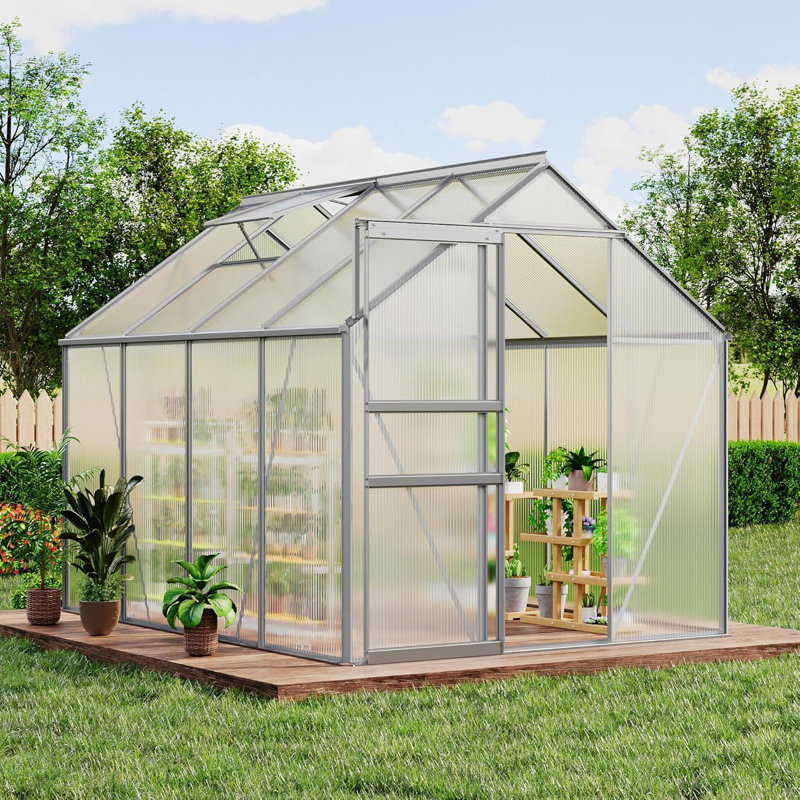 6x8 FT Polycarbonate Walk-In Greenhouse – with Heavy-Duty Aluminum Frame, Sliding Door, Adjustable Roof Vent & Rain Gutter – Perfect for Outdoor Backyard, Garden, Patio, Apartment Balcony