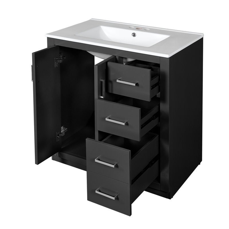 Meuble-lavabo autoportant en bois massif de style rétro avec lavabo en céramique - Solution de rangement idéale