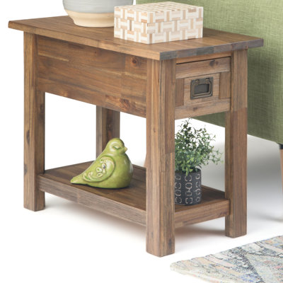 Wyandotte Monroe 14"W Solid Acacia Wood Contemporary Narrow End Table with Drawer and Shelf