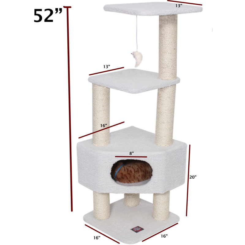 52'' Tall White Faux Fur and Sisal Cat Tree