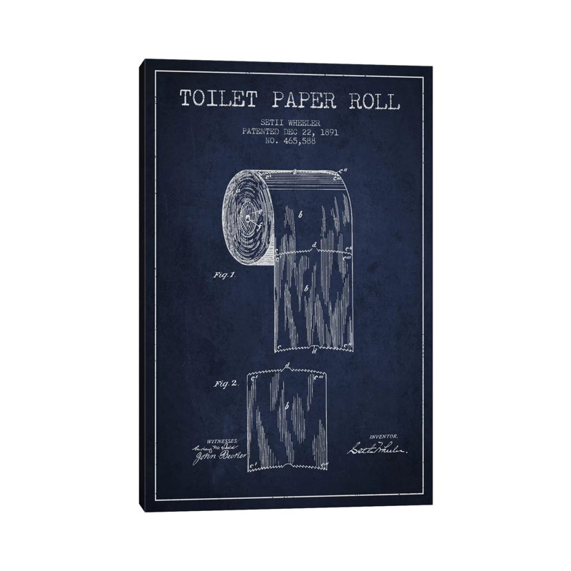 Toilet Paper Navy Blue Patent Blueprint by Aged Pixel - Wrapped Canvas Print, 66.04 cm H x 45.72 cm W