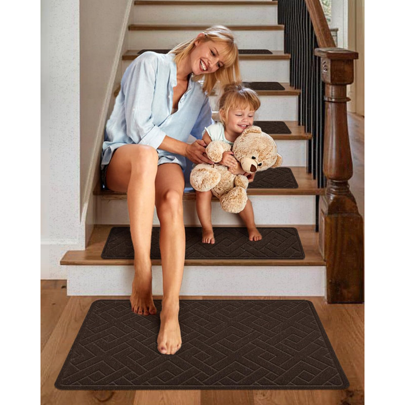 Tapis de marche d'escalier pour marches en bois, intérieur, antidérapant, autocollant, assorti, 51 x 81 cm, envers en polyester TPR, brun